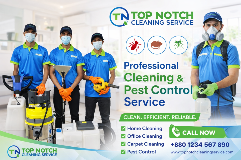 Pest control service in Dhaka, Professional pest control service Dhaka, Home pest control Dhaka, Residential pest control service, Commercial pest control in Dhaka, Termite treatment Dhaka, Cockroach control service Dhaka, Mosquito and bed bug control Dhaka, Affordable pest control service Dhaka, Top Notch Cleaning Service pest control